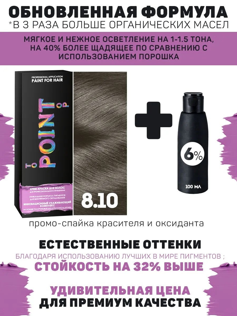 !POINT. ПРОМО Краска для волос для проф.прим., тон №8.10, Блонд пепел для седых волос + 6% оксид, 100/100мл*