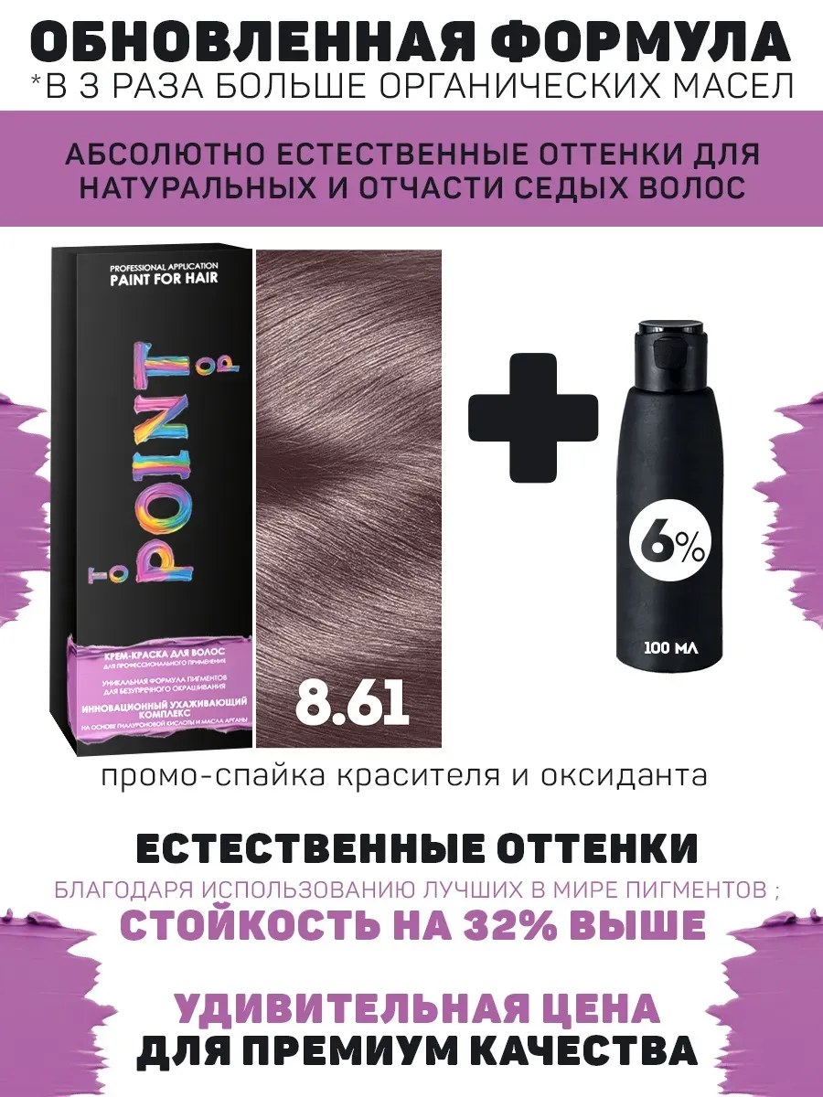 !POINT. ПРОМО Краска для волос для проф.прим., тон №8.61, Блондин фиол-пепел. + 6% оксид, 100/100 мл*
