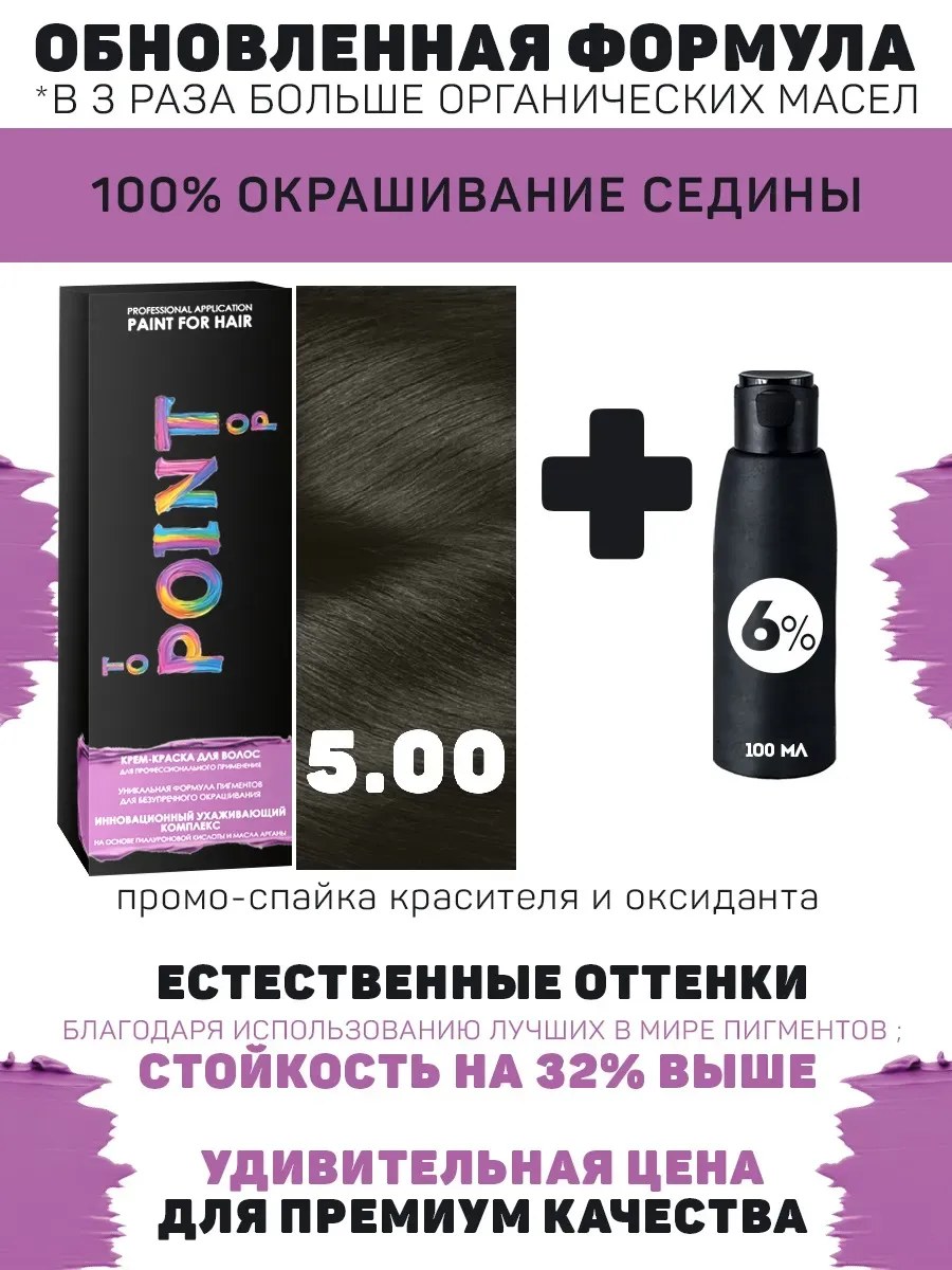 !POINT. ПРОМО Краска для волос для проф.прим., тон №5.00, Тёмно-русый для седых волос + 6% оксид, 100/100мл*