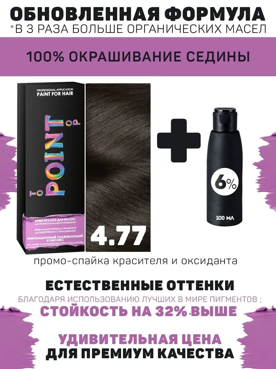 !POINT. ПРОМО Краска для волос для проф.прим., тон №4.77, Шатен коричневый интенс+ 6% оксид, 100/100мл NEW