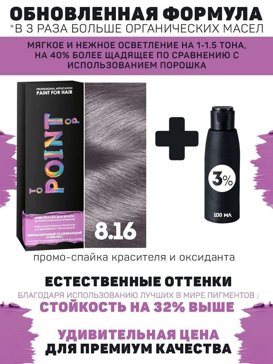 !POINT. ПРОМО Краска для волос для проф.прим., тон №8.16, Блонд пепельно-фиолетовый + 3% оксид, 100/100мл