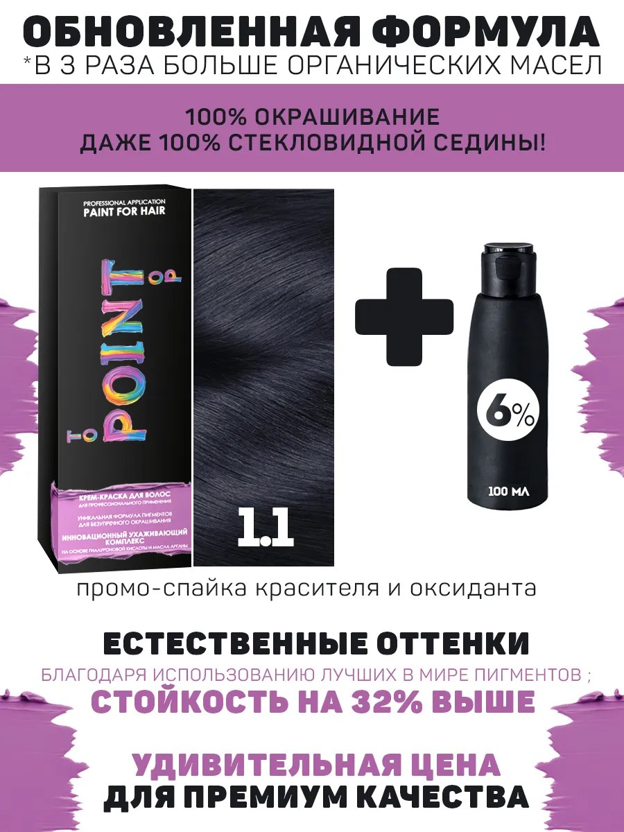 !POINT. ПРОМО Краска для волос для проф.прим., тон №1.1, Иссиня-чёрный пепельный + 6% оксид, 100/100мл*