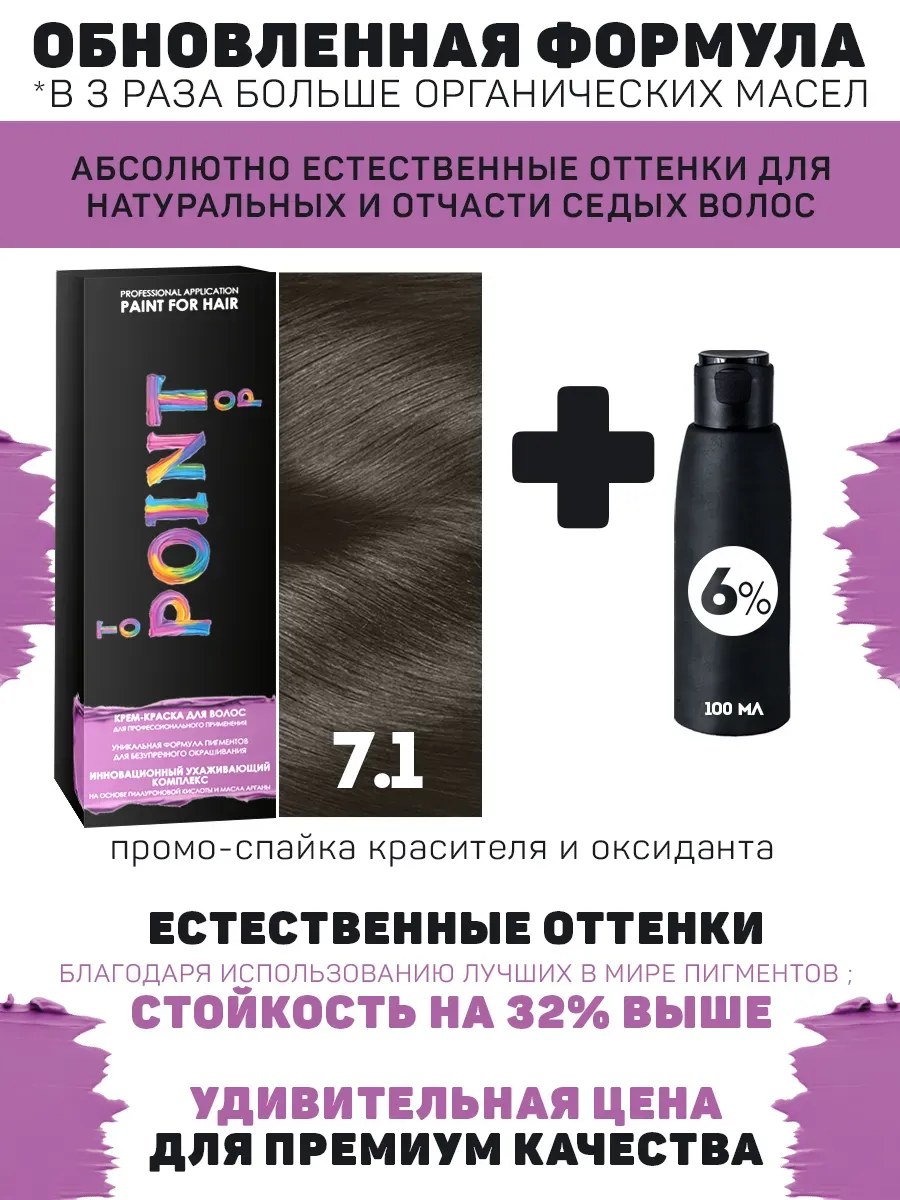!POINT. ПРОМО Краска для волос для проф.прим., тон №7.1, Средне-русый пепел + 6% осид, 100/100мл