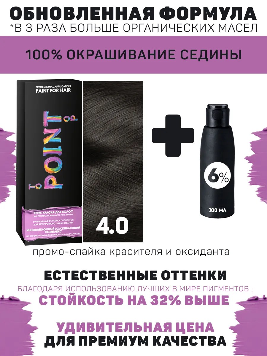 !POINT. ПРОМО Краска для волос для проф.прим., тон №4.0, Шатен + 6% оксид, 100/100мл*