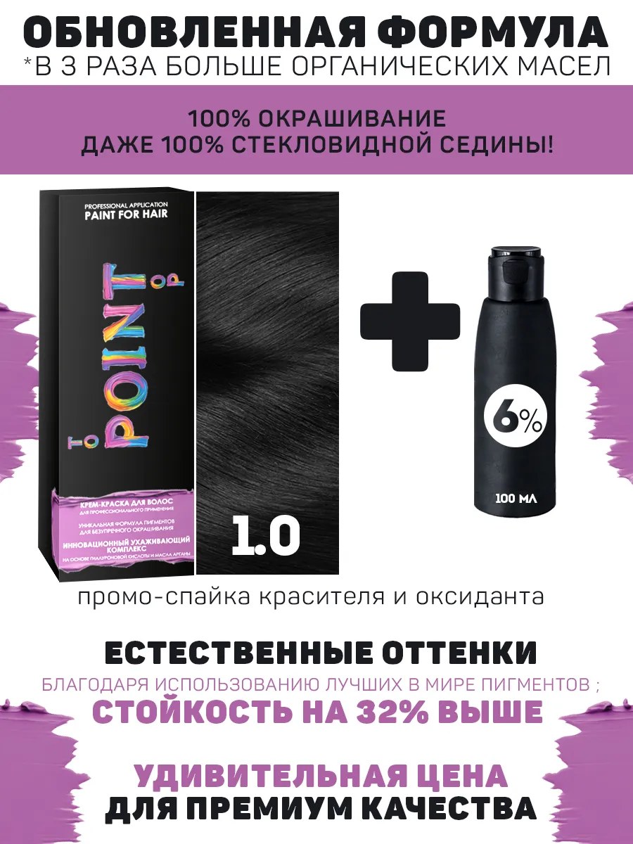 !POINT. ПРОМО Краска для волос для проф.прим., тон №1.0, Чёрный + 6% оксид, 100/100мл*