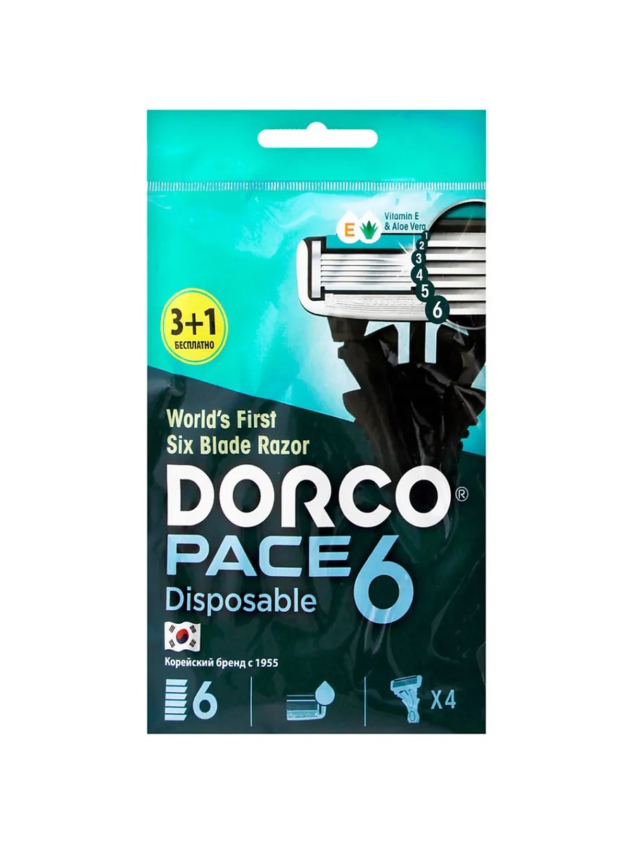 Dorco Станок бритвенный PACE 6, одноразовый, с увлажняющей полоской, (3 шт + 1 шт в подарок)