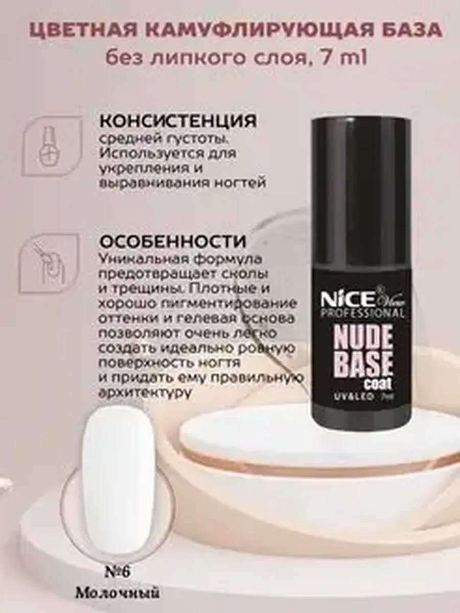 Nice View База для гель-лака Nude Base, цветная, камуфлирующая, тон №0006, Молочно-белый, 7 мл
